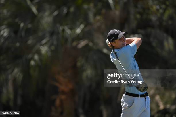 Carlos Ortiz plays his shot from the ninth tee during the final round of the Web.com Tour's Savannah Golf Championship at the Landings Club Deer...