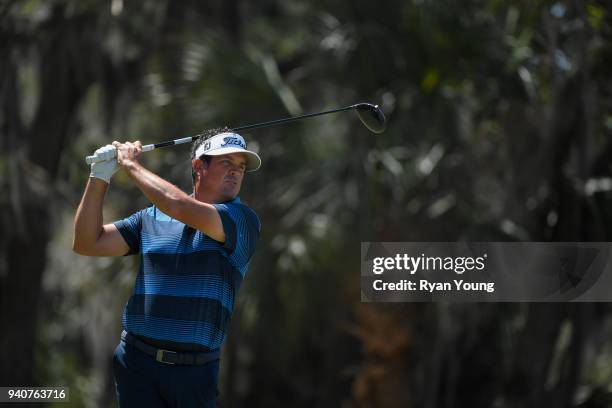 Eric Axley plays his shot from the ninth tee during the final round of the Web.com Tour's Savannah Golf Championship at the Landings Club Deer Creek...