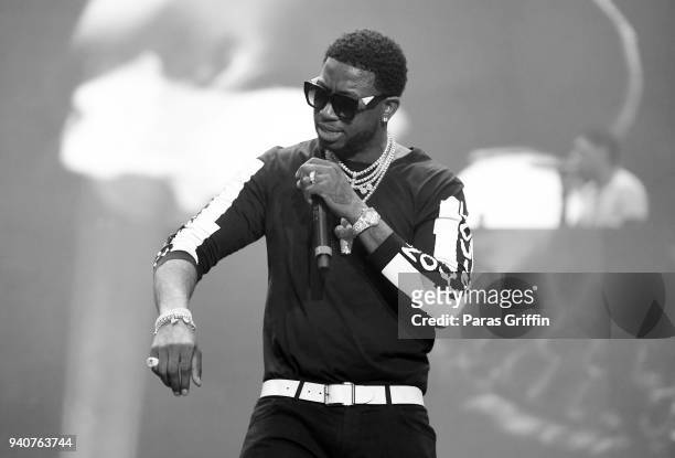 Rapper Gucci Mane performs onstage in concert during V-103 Live Pop Up Concert at Philips Arena on March 31, 2018 in Atlanta, Georgia.