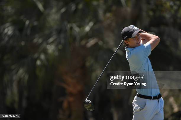 Carlos Ortiz plays his shot from the ninth tee during the final round of the Web.com Tour's Savannah Golf Championship at the Landings Club Deer...
