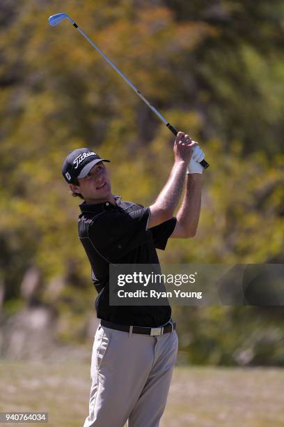 Max Marsico plays his shot from the eighth tee during the final round of the Web.com Tour's Savannah Golf Championship at the Landings Club Deer...