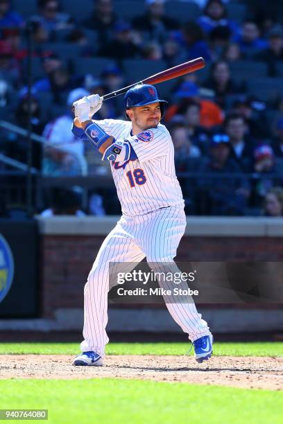 Travis d'Arnaud of the New York Mets in action against the St. Louis Cardinals at Citi Field on March 31, 2018 in the Flushing neighborhood of the...