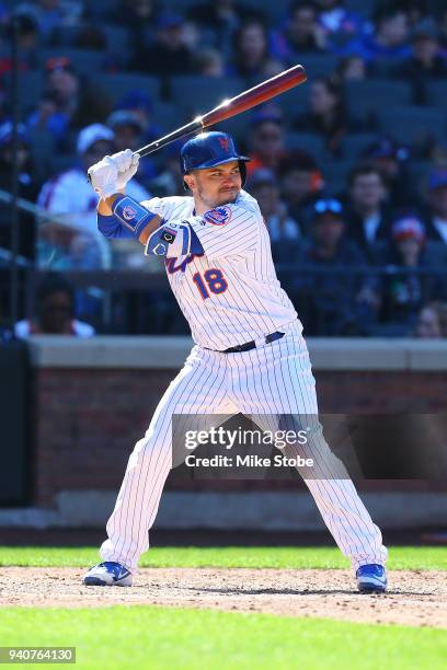 Travis d'Arnaud of the New York Mets in action against the St. Louis Cardinals at Citi Field on March 31, 2018 in the Flushing neighborhood of the...