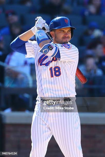 Travis d'Arnaud of the New York Mets in action against the St. Louis Cardinals at Citi Field on March 31, 2018 in the Flushing neighborhood of the...