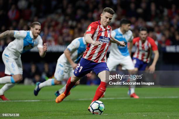 Kevin Cameiro of Atletico Madrid scores the first goal to make it 1-0 during the La Liga Santander match between Atletico Madrid v Deportivo la...