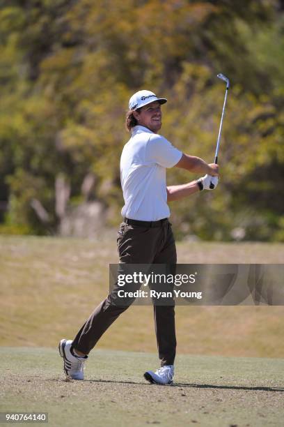 Christian Brand plays his shot from the eighth tee during the final round of the Web.com Tour's Savannah Golf Championship at the Landings Club Deer...