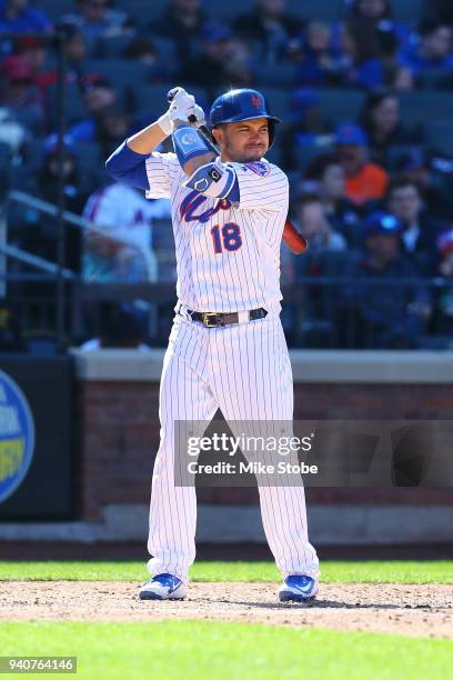 Travis d'Arnaud of the New York Mets in action against the St. Louis Cardinals at Citi Field on March 31, 2018 in the Flushing neighborhood of the...