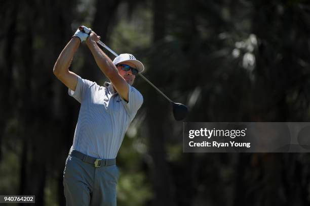 Scott Langley plays his shot from the ninth tee during the final round of the Web.com Tour's Savannah Golf Championship at the Landings Club Deer...