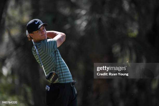 Cameron Champ plays his shot from the ninth tee during the final round of the Web.com Tour's Savannah Golf Championship at the Landings Club Deer...