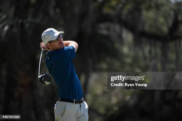 Roberto Castro plays his shot from the ninth tee during the final round of the Web.com Tour's Savannah Golf Championship at the Landings Club Deer...