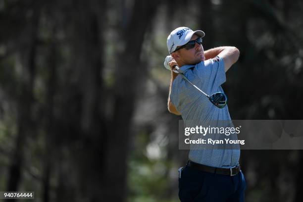 Justin Hueber plays his shot from the ninth tee during the final round of the Web.com Tour's Savannah Golf Championship at the Landings Club Deer...