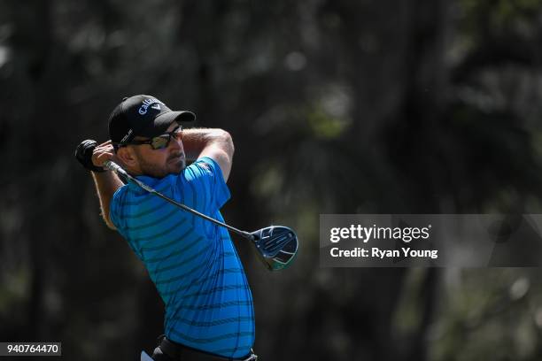 Julian Etulain plays his shot from the ninth tee during the final round of the Web.com Tour's Savannah Golf Championship at the Landings Club Deer...