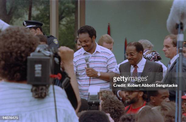 Democratic presidential candidate Reverend Jesse Jackson smiles while giving an interview during the Democratic National Convention in Atlanta, 1988.