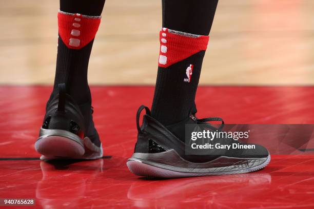 The sneakers of Jerian Grant of the Chicago Bulls during the game against the Washington Wizards on April 1, 2018 at the United Center in Chicago,...