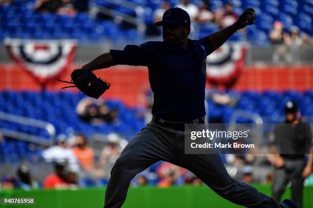 Mike Montgomery of the Chicago Cubs pitches in the eighth inning against the Miami Marlins at Marlins Park on April 1, 2018 in Miami, Florida.