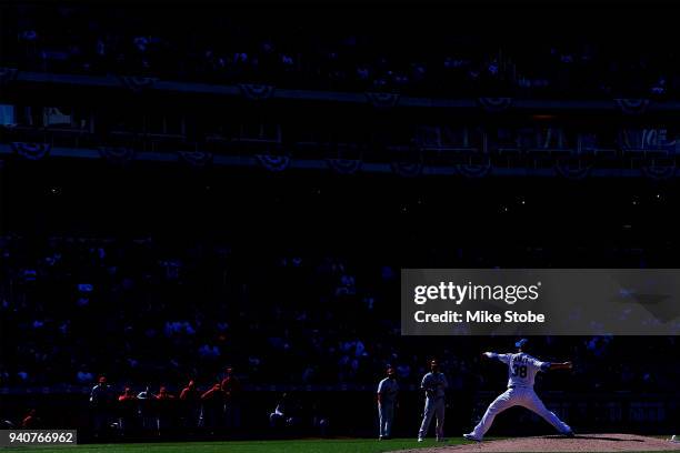 Anthony Swarzak of the New York Mets in action against the St. Louis Cardinals at Citi Field on March 31, 2018 in the Flushing neighborhood of the...