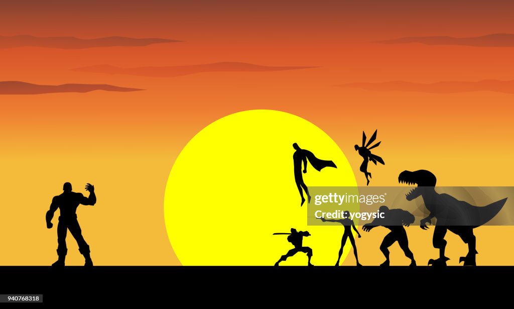 Vector Superheroes Against a Giant Super Villain with Sunset in the Background