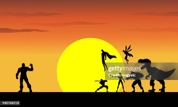 vector superheroes against a giant super villain with sunset in the background - villain stock illustrations