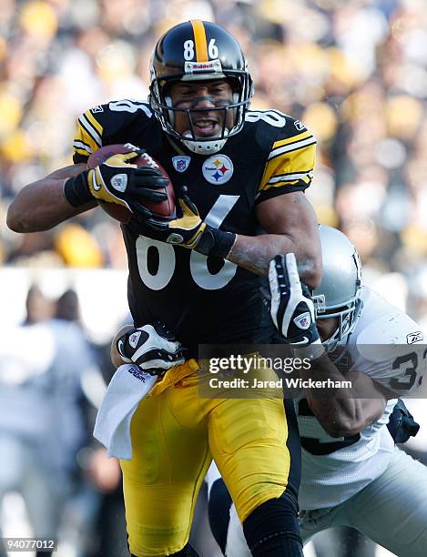 Hines Ward of the Pittsburgh Steelers catches a pass in front of Tyvon Branch of the Oakland Raiders during the game on December 6, 2009 at Heinz...