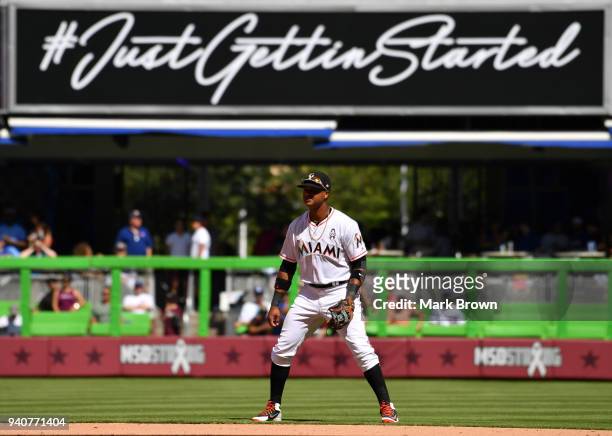 Starlin Castro of the Miami Marlins in the field in the seventh inning against the Chicago Cubs at Marlins Park on April 1, 2018 in Miami, Florida.