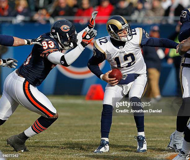 Adewale Ogunleye of the Chicago Bears sacks Kyle Boller of the St. Louis Rams at Soldier Field on December 6, 2009 in Chicago, Illinois.