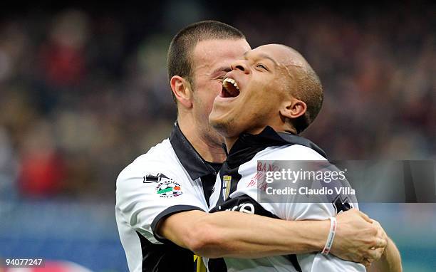 Jonathan Biabiany and Luca Antonelli of Parma FC celebrate after the first goal during the Serie A match between Genoa and Parma at Stadio Luigi...