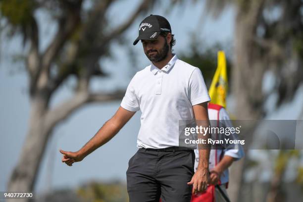 Curtis Luck acknowledges the crowd on the 18th hole during the final round of the Web.com Tour's Savannah Golf Championship at the Landings Club Deer...