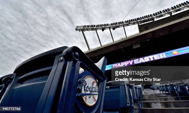 Clouds cover Kauffman Stadium on Easter Sunday before a game between the Kansas City Royals and Chicago White Sox was postponed on April 1 at...