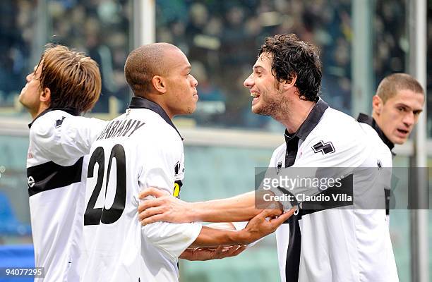 Jonathan Biabiany and Blerim Dzemaili of Parma FC celebrate after the first goal during the Serie A match between Genoa and Parma at Stadio Luigi...