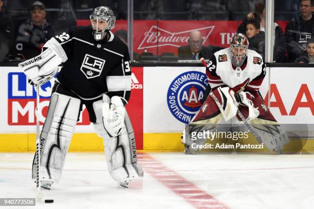 Jonathan Quick of the Los Angeles Kings and Antti Raanta of the Arizona Coyotes skate in warm-ups prior to the game on March 29, 2018 at Staples...