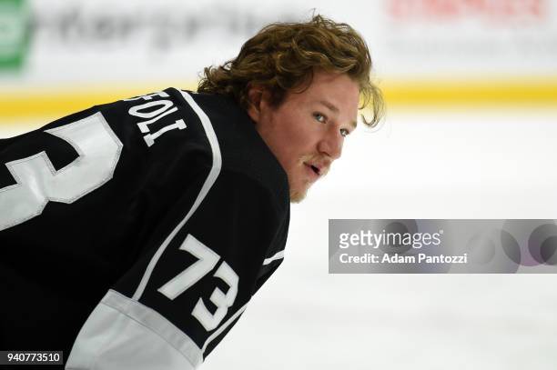 Tyler Toffoli of the Los Angeles Kings skates in warm-ups prior to the game against the Arizona Coyotes on March 29, 2018 at Staples Center in Los...
