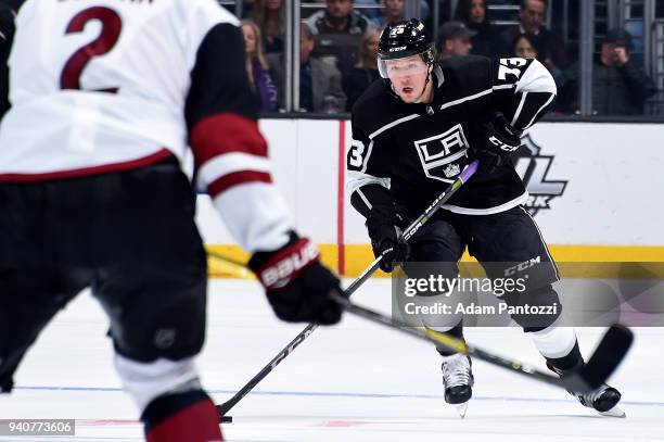 Tyler Toffoli of the Los Angeles Kings skates with the puck during the game against the Arizona Coyotes on March 29, 2018 at Staples Center in Los...
