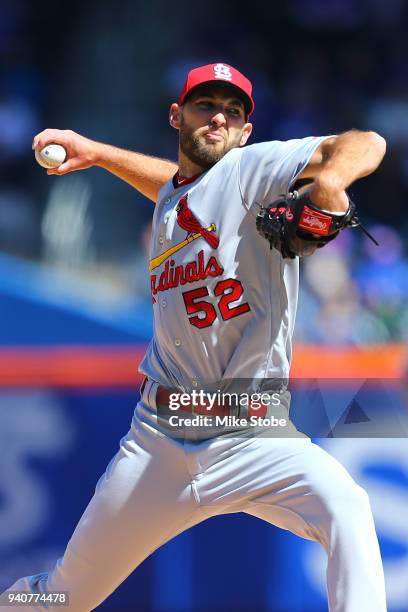 Michael Wacha of the St. Louis Cardinals in action against the New York Mets at Citi Field on March 31, 2018 in the Flushing neighborhood of the...