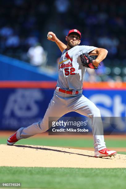 Michael Wacha of the St. Louis Cardinals in action against the New York Mets at Citi Field on March 31, 2018 in the Flushing neighborhood of the...