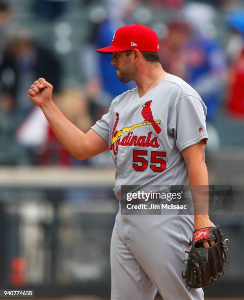 Dominic Leone of the St. Louis Cardinals reacts after the final out of a game against the New York Mets at Citi Field on April 1, 2018 in the...