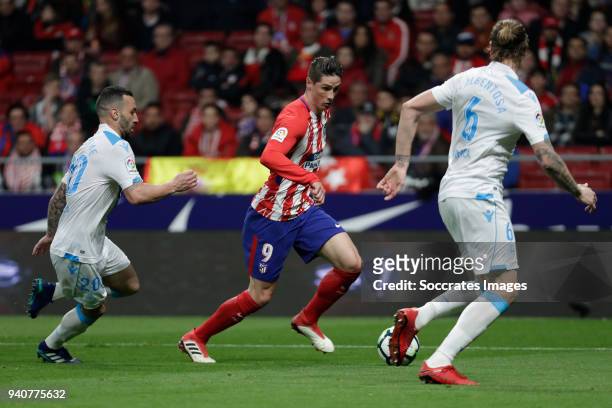 Guilherme of Deportivo La Coruna, Fernando Torres of Atletico Madrid, Raul Albentosa of Deportivo La Coruna during the La Liga Santander match...