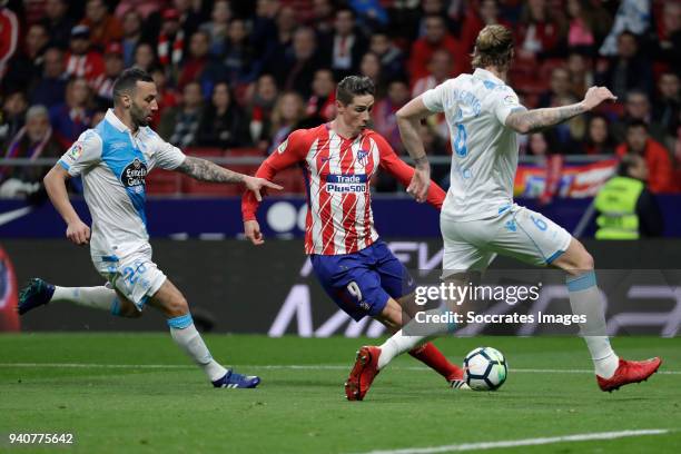 Guilherme of Deportivo La Coruna, Fernando Torres of Atletico Madrid, Raul Albentosa of Deportivo La Coruna during the La Liga Santander match...