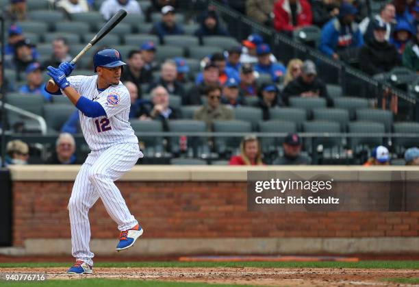 Juan Lagares of the New York Mets in action during a game against the St. Louis Cardinals at Citi Field on March 29, 2018 in the Flushing...