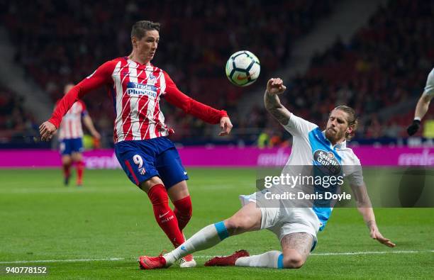 Fernando Torres of Atletico de Madrid is challenged by Raul Albentosa of Deportivo La Coruna during the La Liga match between Atletico Madrid and...