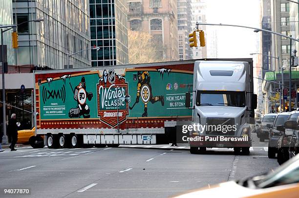 The Winter Classic Truck turns onto 6th Avenue as it drives towards the NHL store in New York City on its way to Boston to prepare the ice for the...