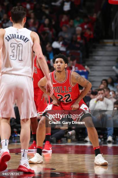 Cameron Payne of the Chicago Bulls plays defense against the Washington Wizards on April 1, 2018 at the United Center in Chicago, Illinois. NOTE TO...