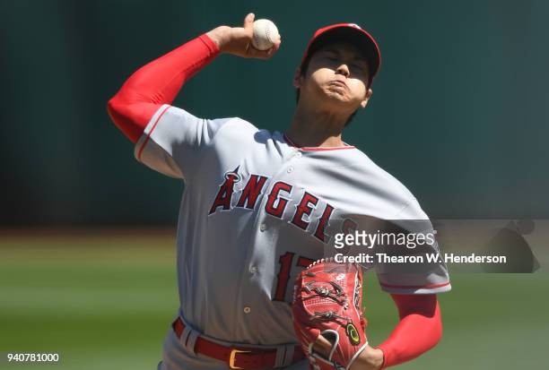Shohei Ohtani of the Los Angeles Angels of Anaheim pitches in the bottom of the second inning of his Major League pitching debut against the Oakland...