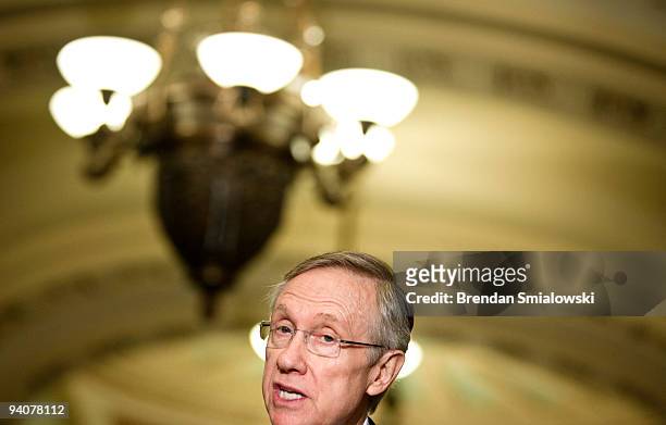 Senate Majority Leader Harry Reid speaks after a meeting with President Barack Obama and other Senate Democrats on Capitol Hill December 6, 2009 in...