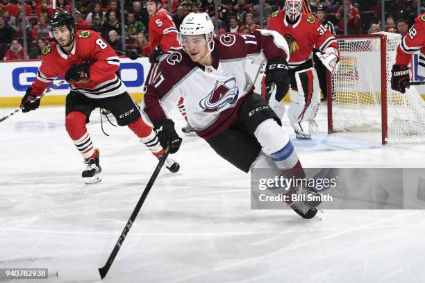 Tyson Jost of the Colorado Avalanche skates in the second period against the Chicago Blackhawks at the United Center on March 20, 2018 in Chicago,...