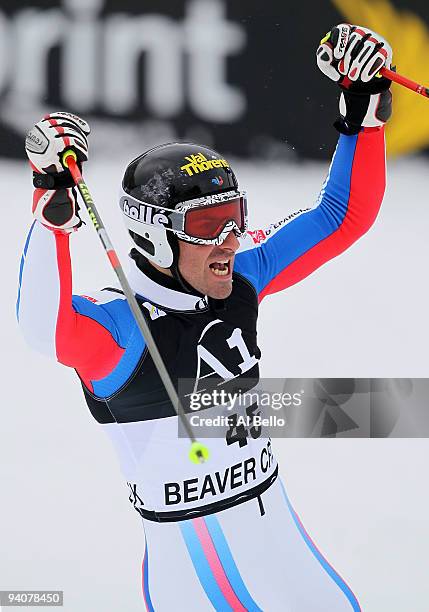 Adrien Theux of France reacts after finishing the Men's Alpine World Cup Giant Slalom final on December 6, 2009 in Beaver Creek, Colorado.