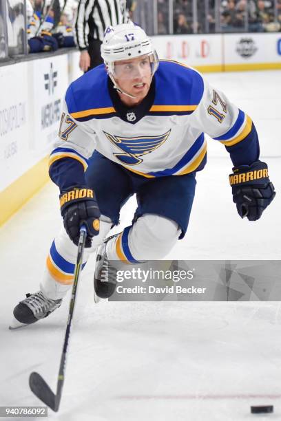 Jaden Schwartz of the St. Louis Blues skates against the Vegas Golden Knights during the game at T-Mobile Arena on March 30, 2018 in Las Vegas,...