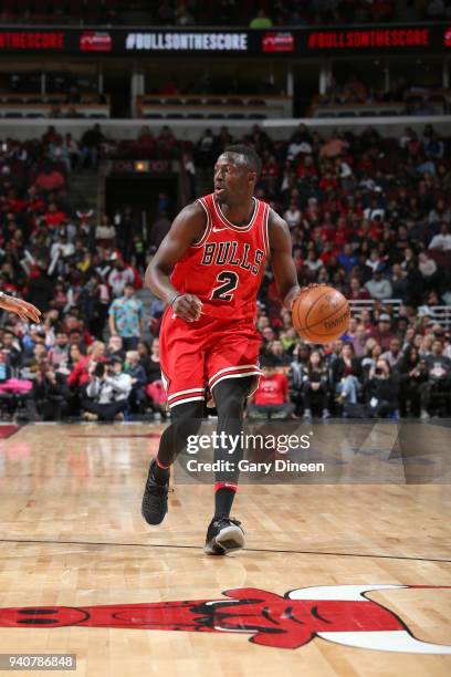 Jerian Grant of the Chicago Bulls handles the ball against the Washington Wizards on April 1, 2018 at the United Center in Chicago, Illinois. NOTE TO...