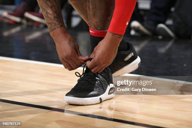 The sneakers of Sean Kilpatrick of the Chicago Bulls during the game against the Washington Wizards on April 1, 2018 at the United Center in Chicago,...