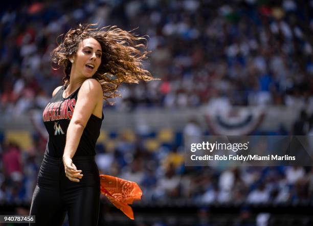 The Miami Marlins mermaids perform during the game against the Chicago Cubs at Marlins Park on April 1, 2018 in Miami, Florida.