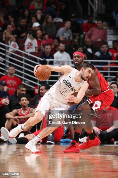 Tomas Satoransky of the Washington Wizards handles the ball against the Chicago Bulls on April 1, 2018 at the United Center in Chicago, Illinois....